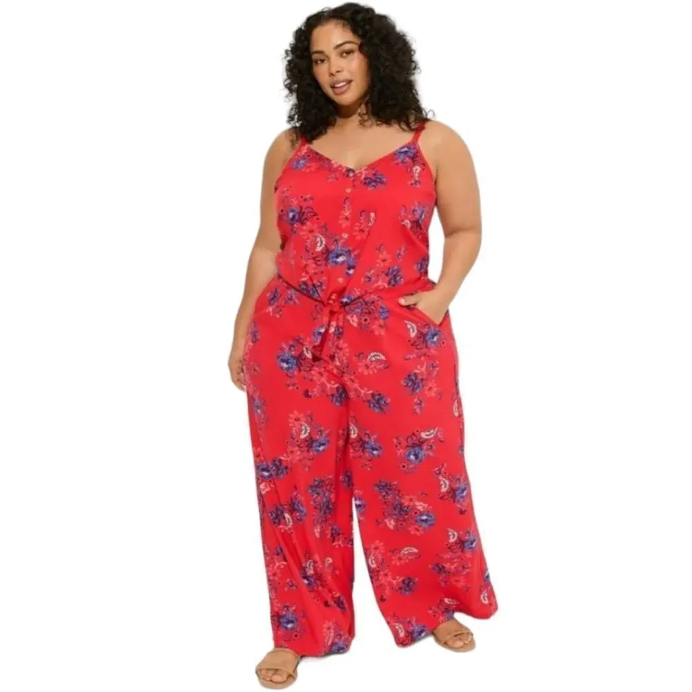 TORRID Red Floral challis button down crop top with  pull on pant set NWT